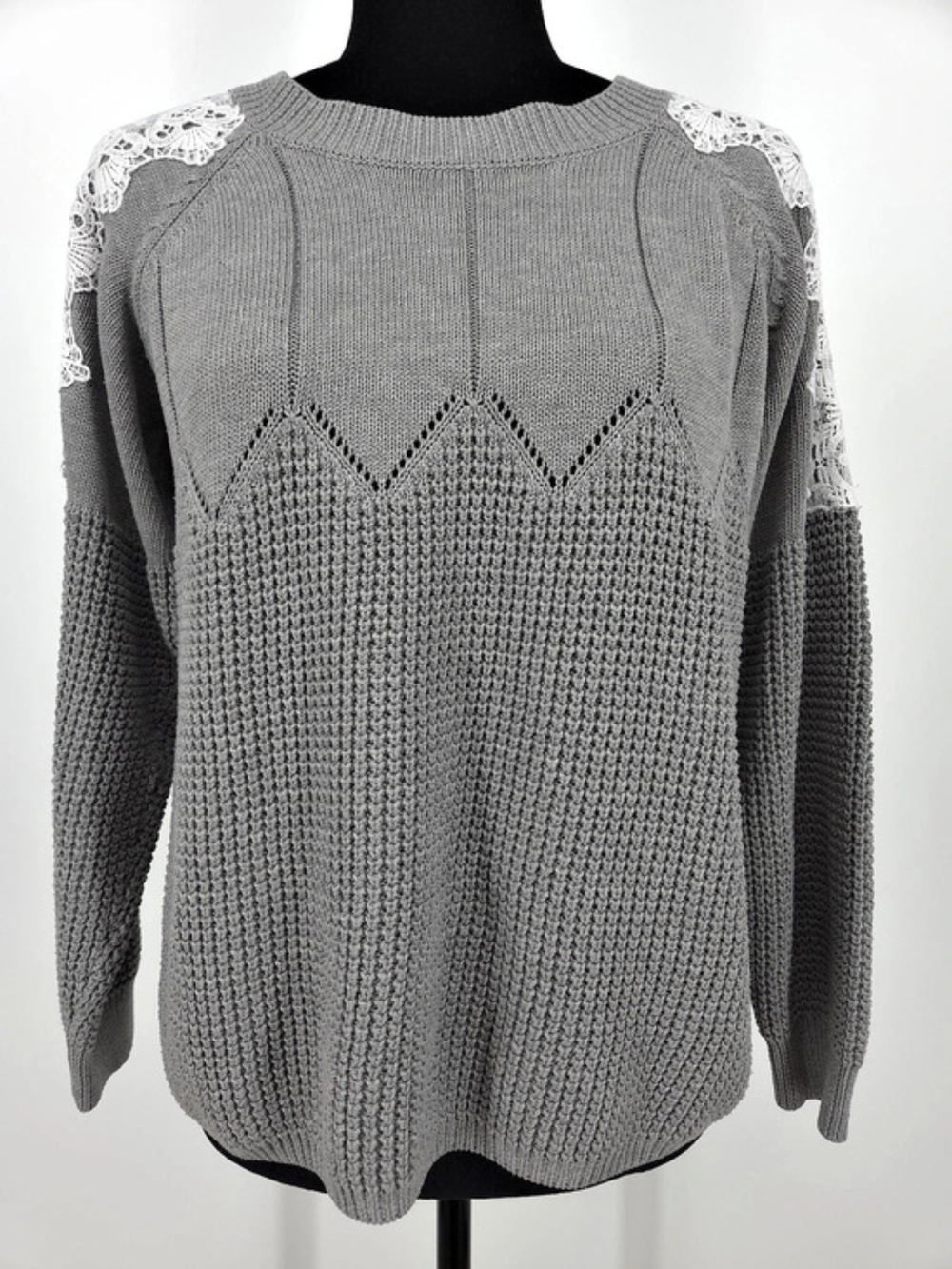 Moth By Anthropologie Gray Lace Shoulder Crewneck Sweater